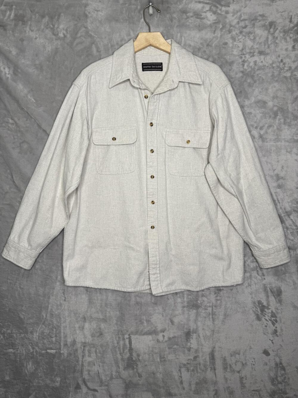 David Taylor Shirt Mens Large Oatmeal Flannel Button Front Dual Pocket Casual